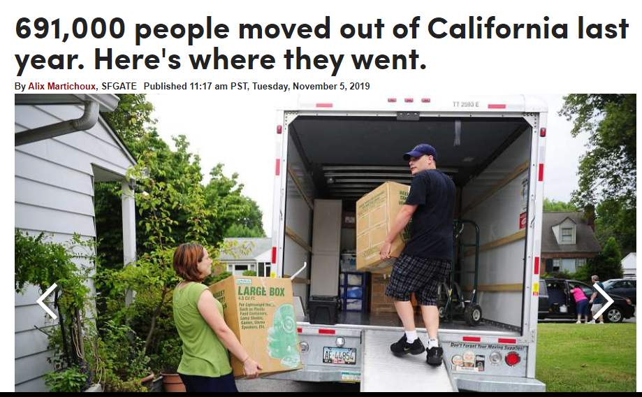 SF Gate article headline and photo of people loading a u haul moving truck.